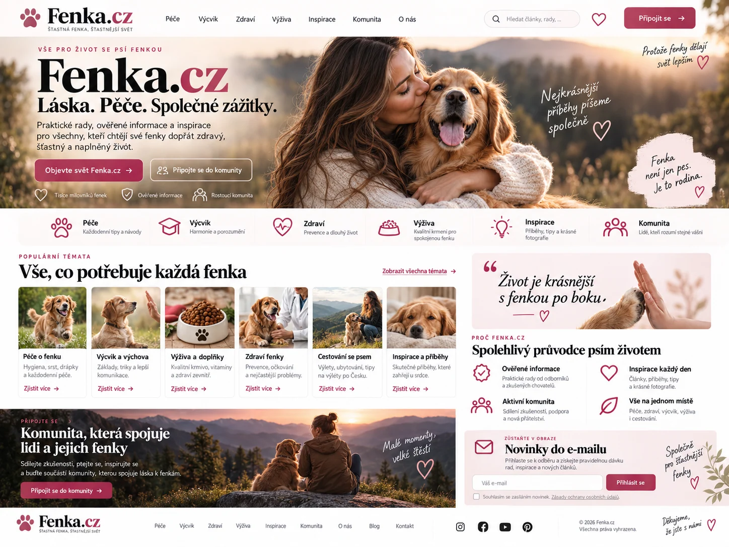 Návrh portálu Fenka.cz s průvodcem péčí, výcvikem, zdravím, výživou, cestováním a komunitou majitelů fen
